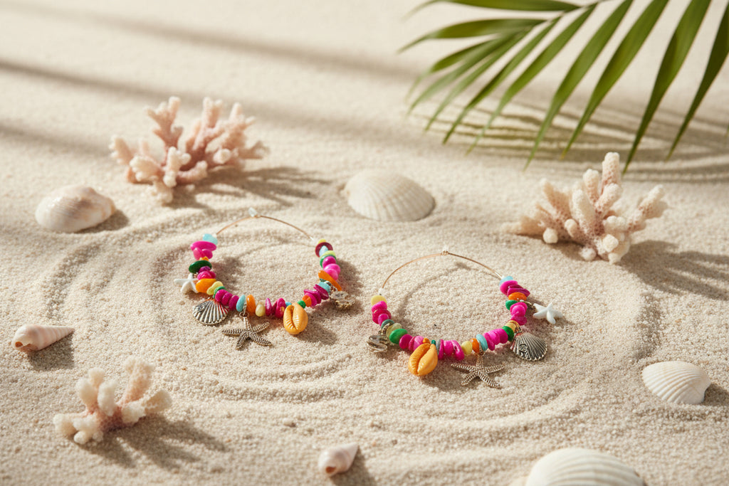 Boucles d’oreilles créoles bohèmes coquillages et étoiles de mer – bijoux été colorés