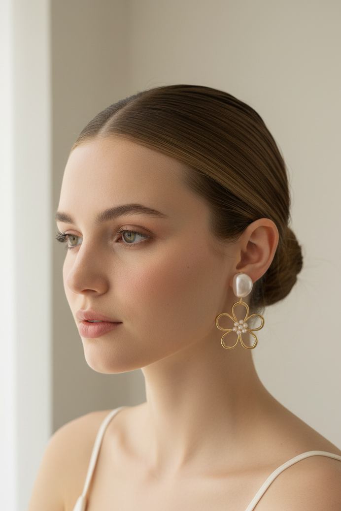 Boucles d’oreilles fleurs dorées et perles – bijoux élégants et féminins