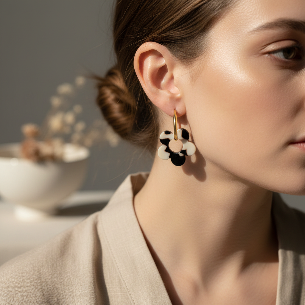 Boucles d’oreilles fleurs de tiaré marron  beige – créoles dorées élégantes et tendance N2