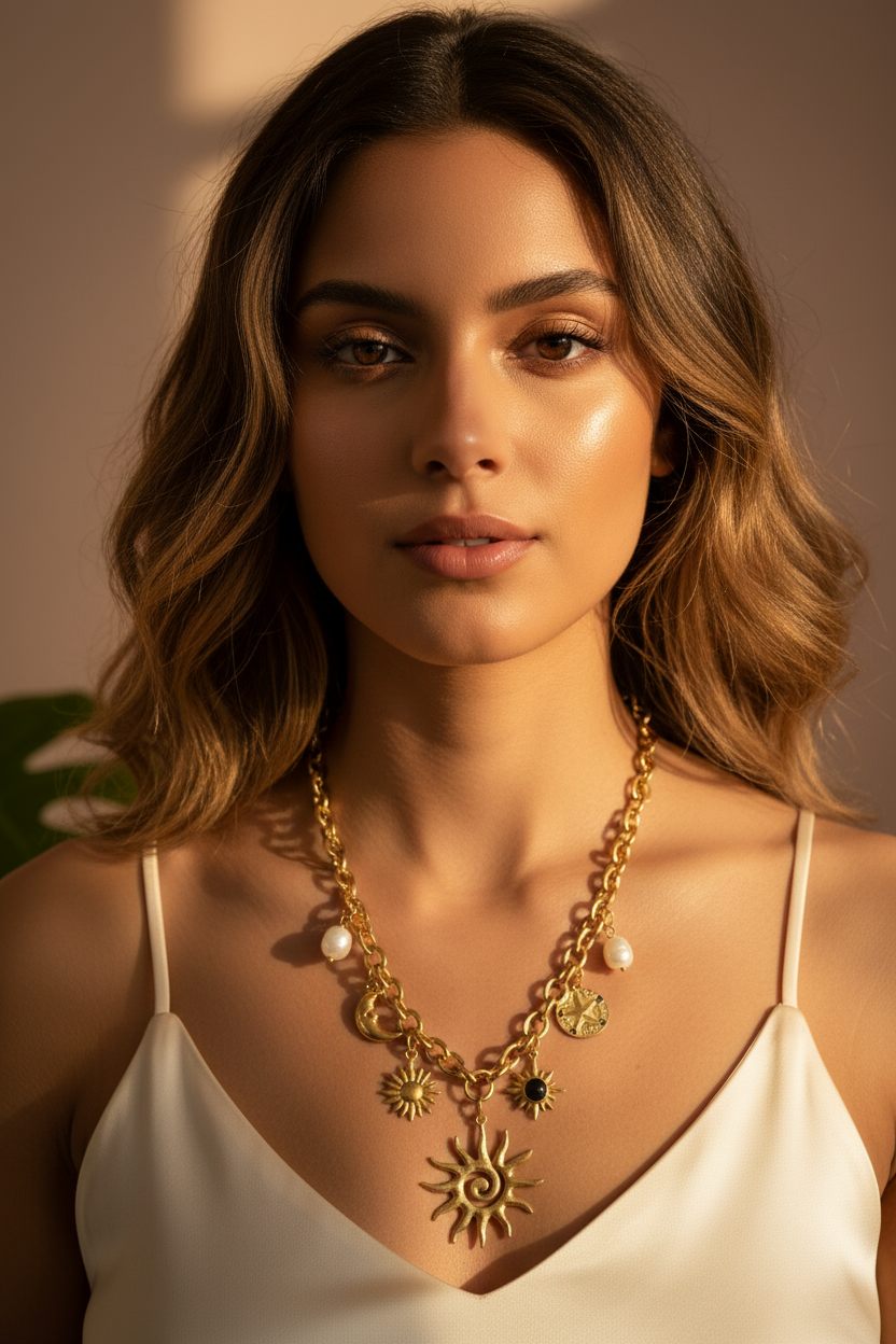 Collier tendance doré acier inoxydable pendentif lune soleil perle blanche