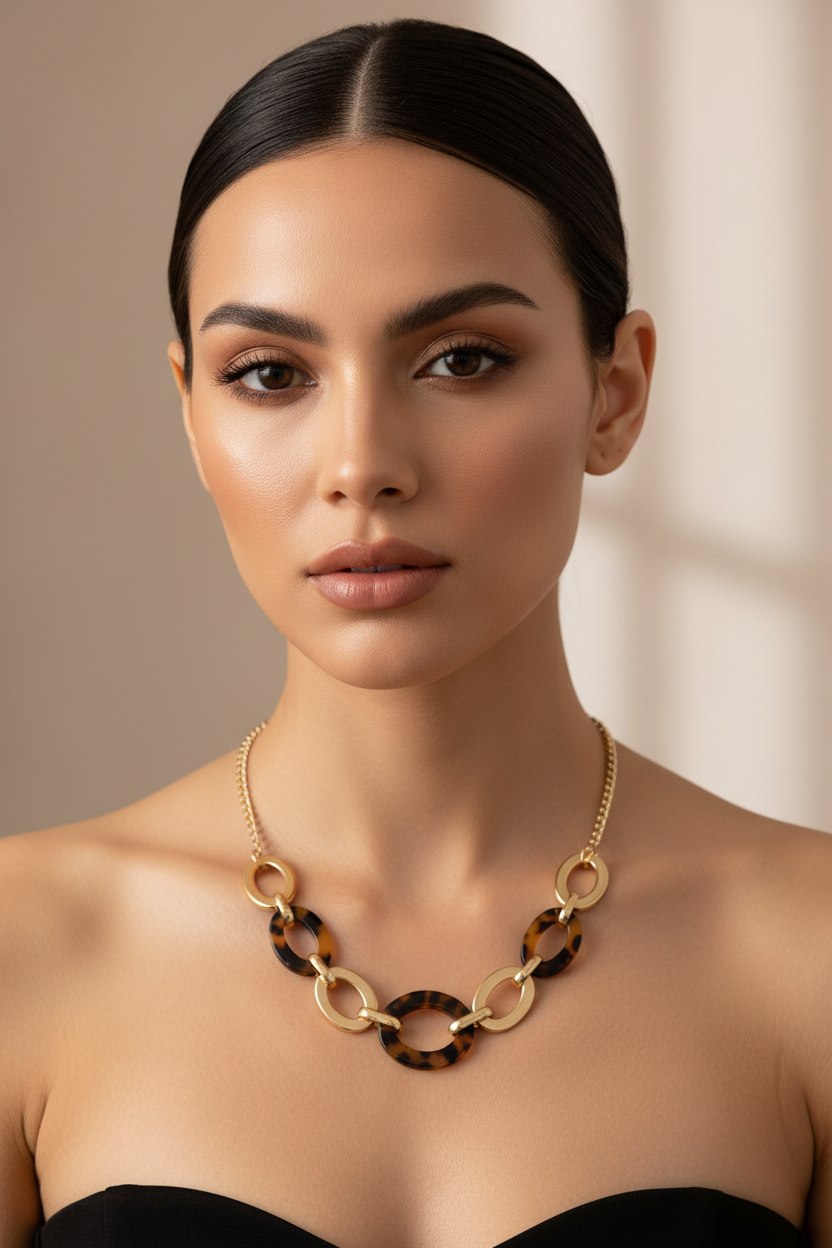 Collier grosses mailles doré et léopard – vue de détail