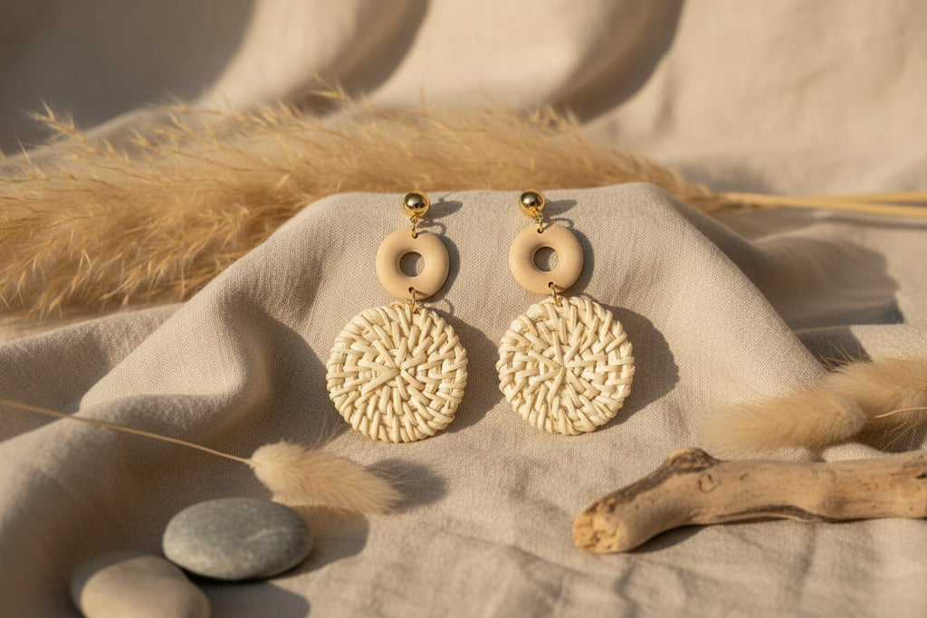 Boucles d’oreilles pendantes en rotin tressé – Bijoux bohèmes naturels