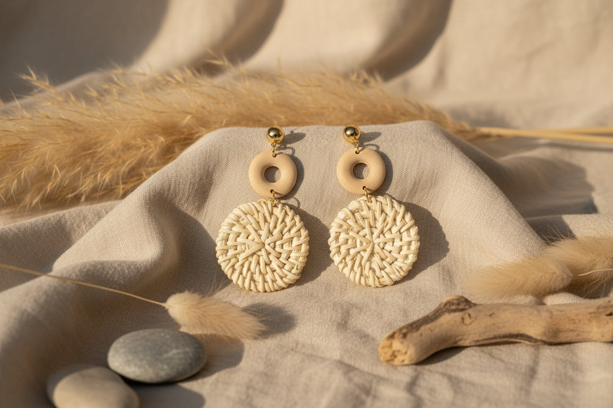 Boucles d’oreilles pendantes en rotin tressé – Bijoux bohèmes naturels
