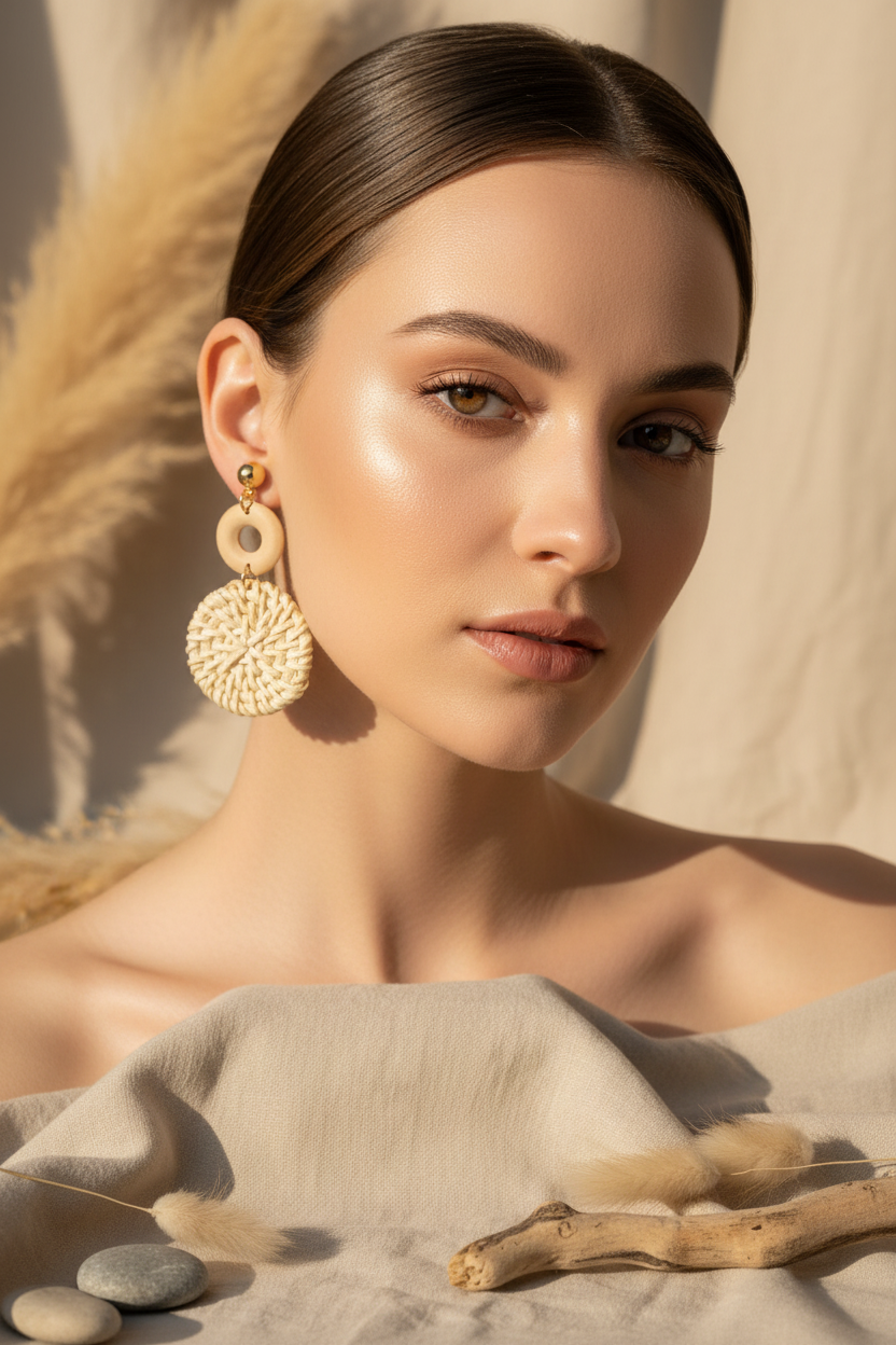 Boucles d’oreilles pendantes en rotin tressé – Bijoux bohèmes naturels