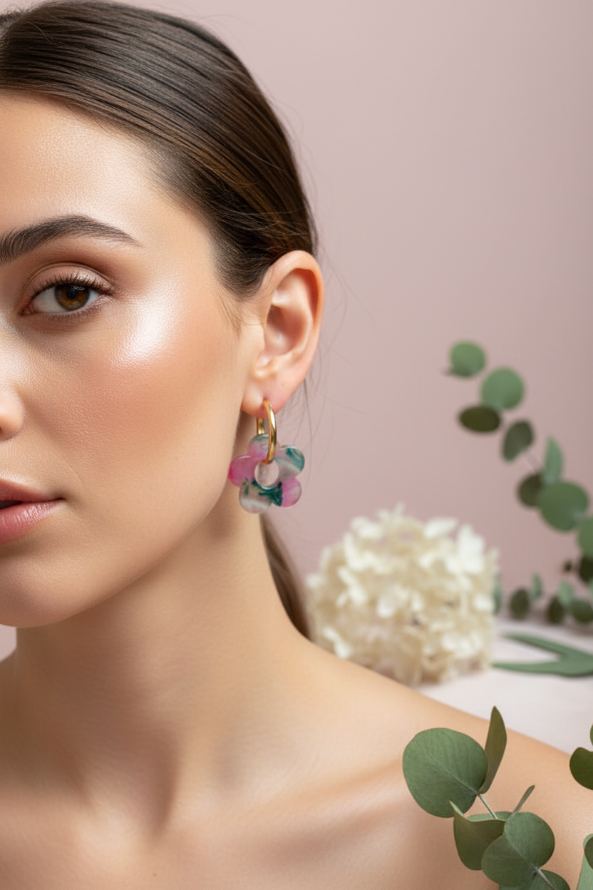 Boucles d’oreilles fleurs de tiaré ton rose – créoles dorées élégantes et tendance N1