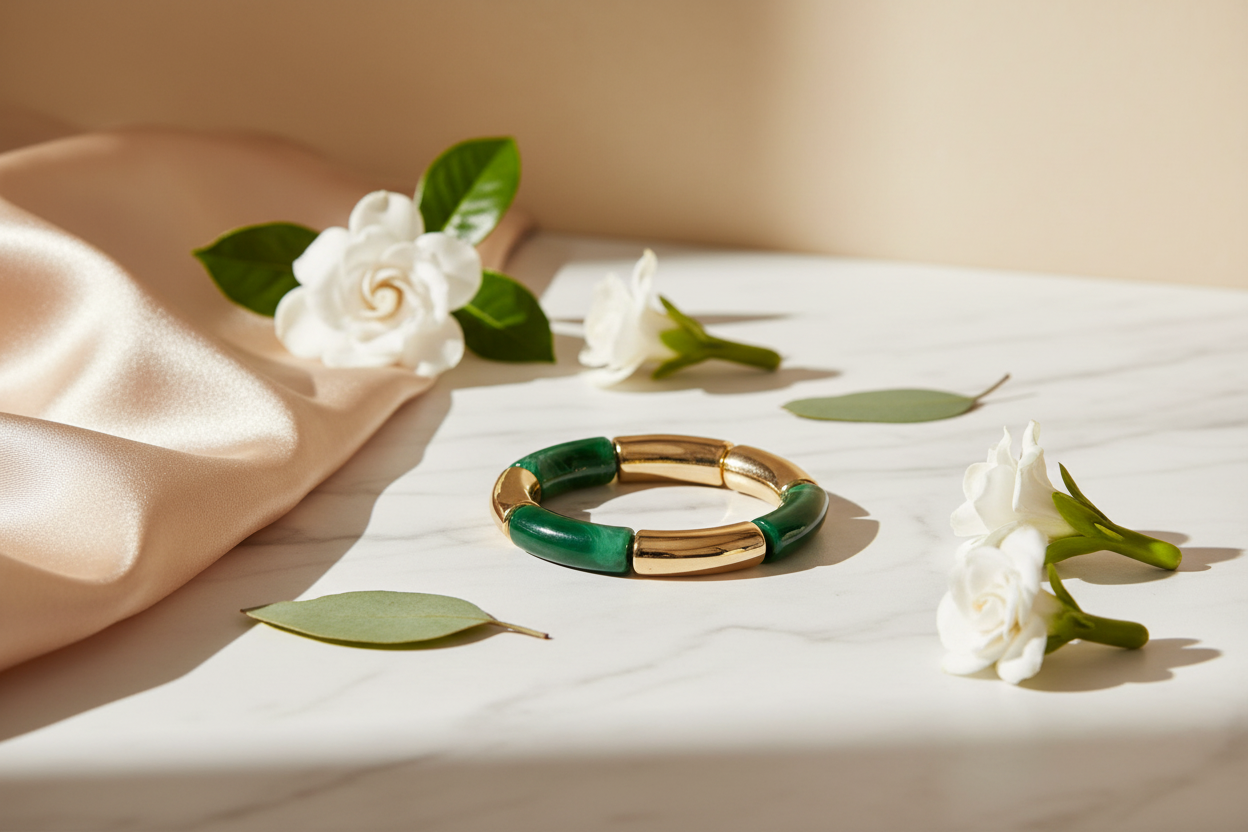 "Bracelet jade résine vert doré bijou"