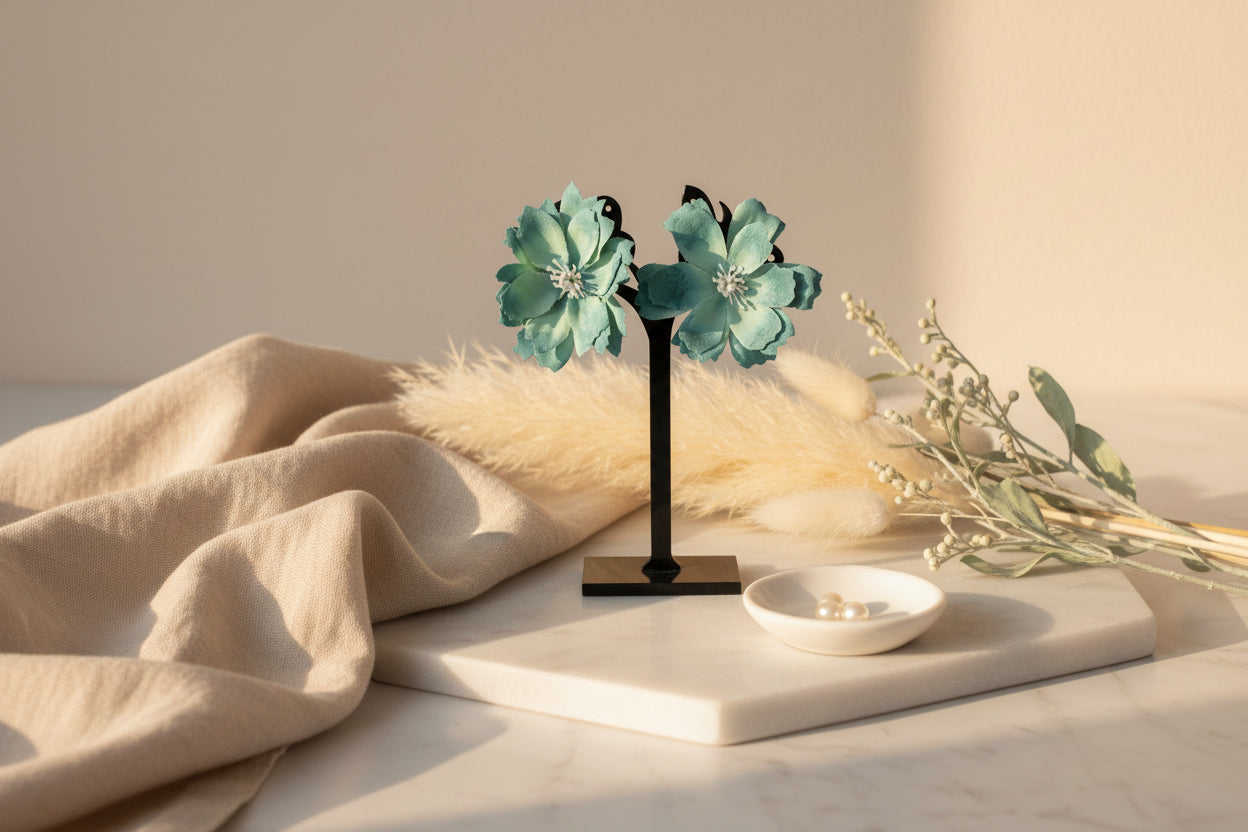 Boucles d’oreilles à clip fleurs turquoise – bijoux tendance et colorés