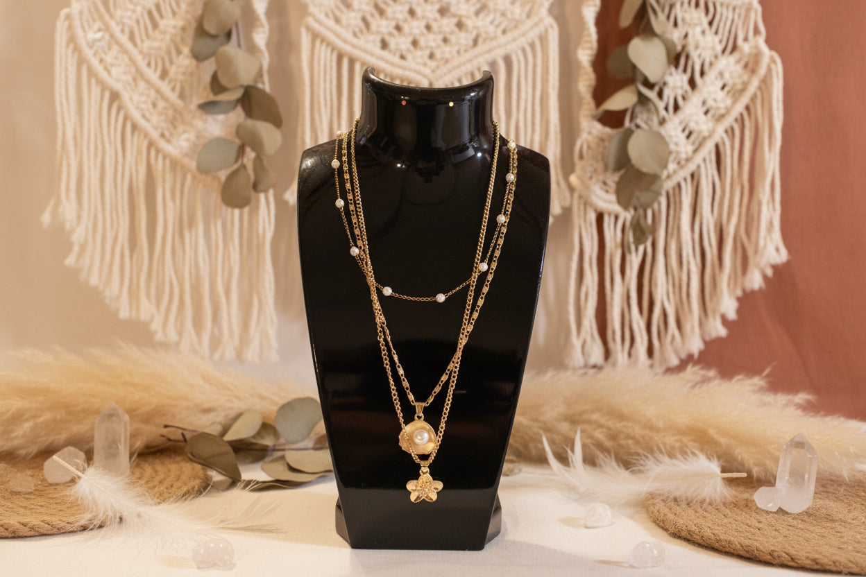  "Collier multi rangs acier inoxydable doré"