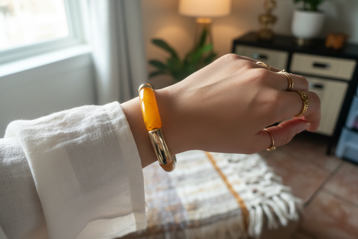 "Bracelet Coraline résine jaune orangé doré bijou"