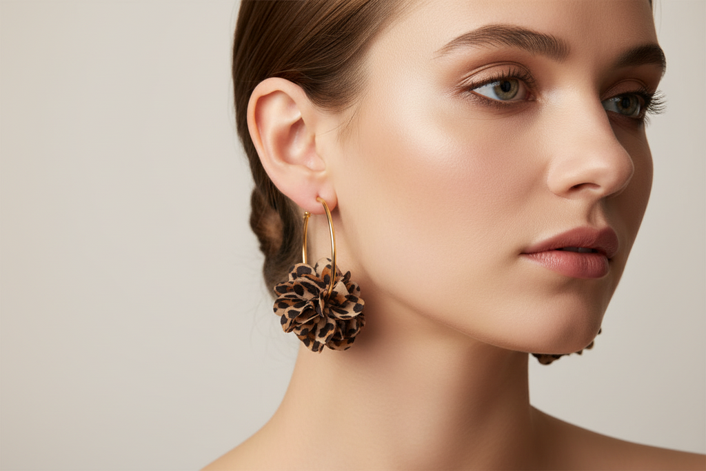 Boucles d’oreilles créoles dorées avec fleur léopard– Bijou tendance et féminin