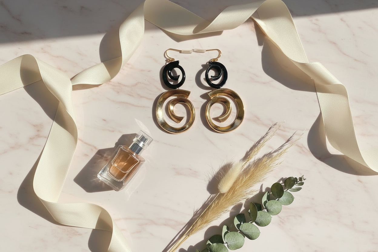 Boucles d’oreilles pendantes spirale noir et doré – Design moderne et élégant