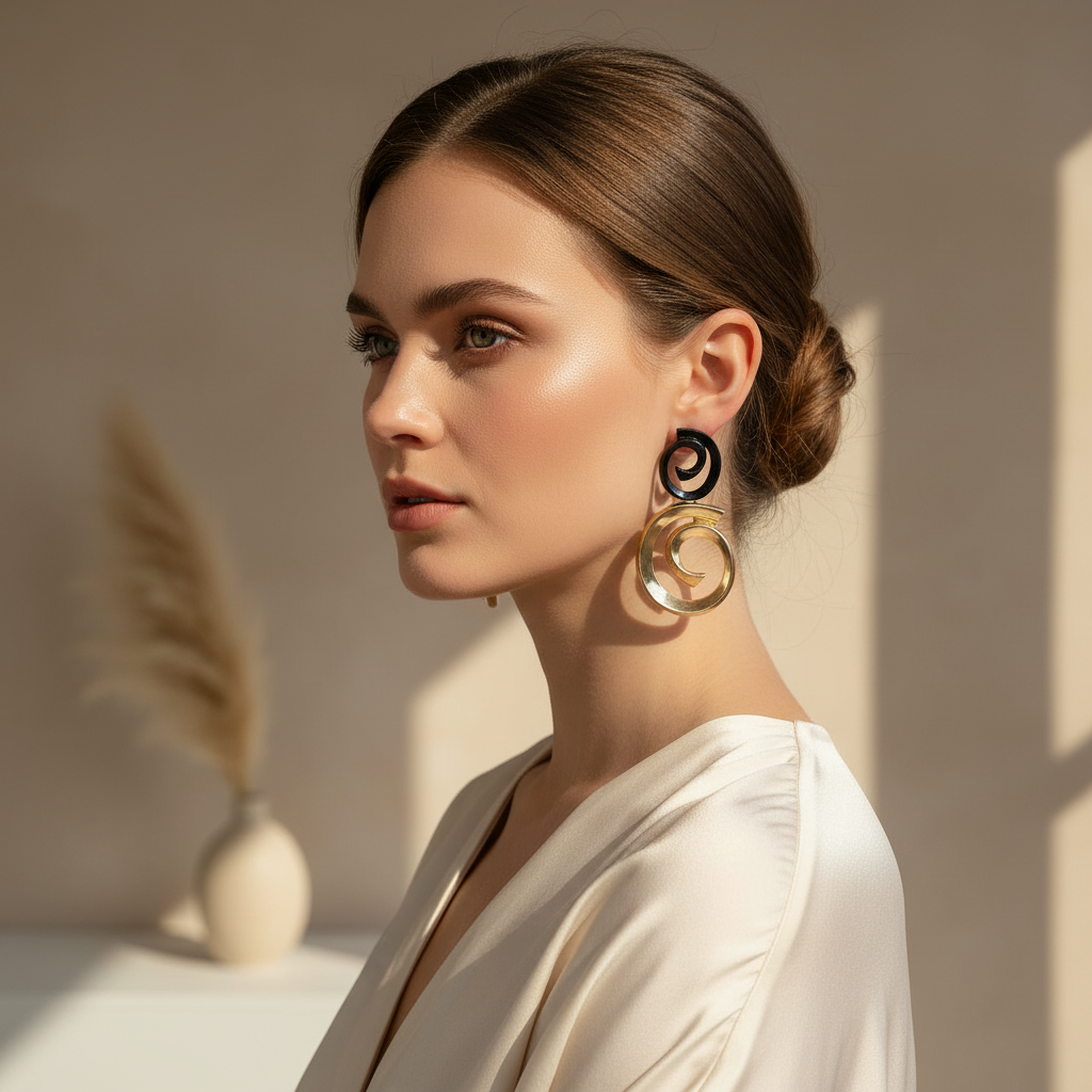Boucles d’oreilles pendantes spirale noir et doré – Design moderne et élégant