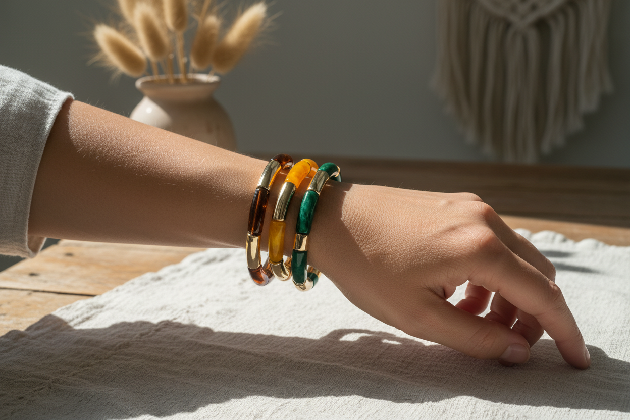 "Bracelet Jade Agate et Coraline résine vert marron jaune orangé doré bijou"